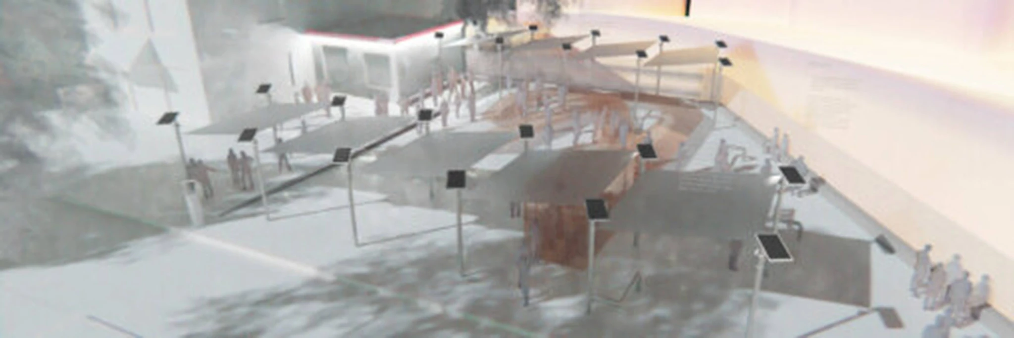 Drob Inn Vorplatz — 3D design proposal with seating, canopy and lighting
