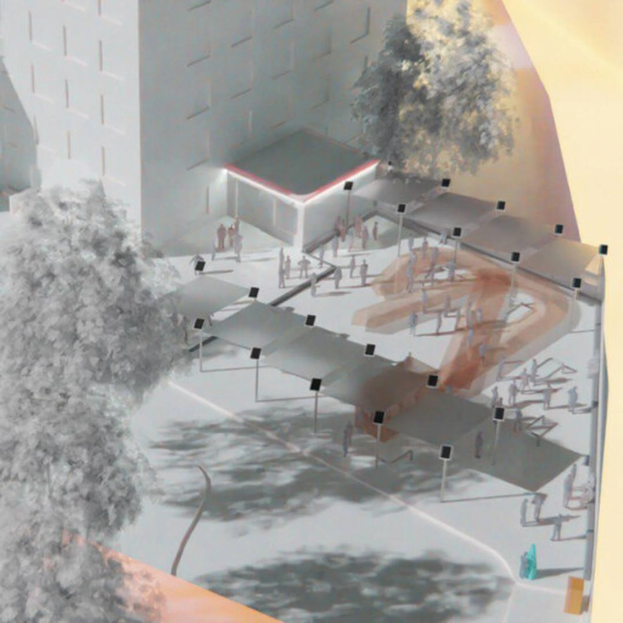 Drob Inn Vorplatz — overview rendering with canopies, seating and trees