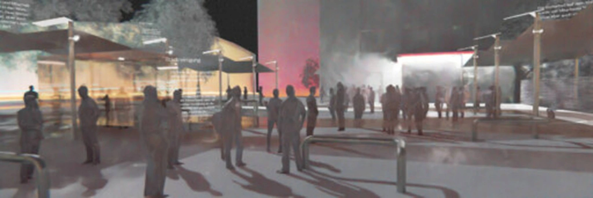 Drob Inn Vorplatz — atmospheric lighting study at dusk with integrated LED illumination