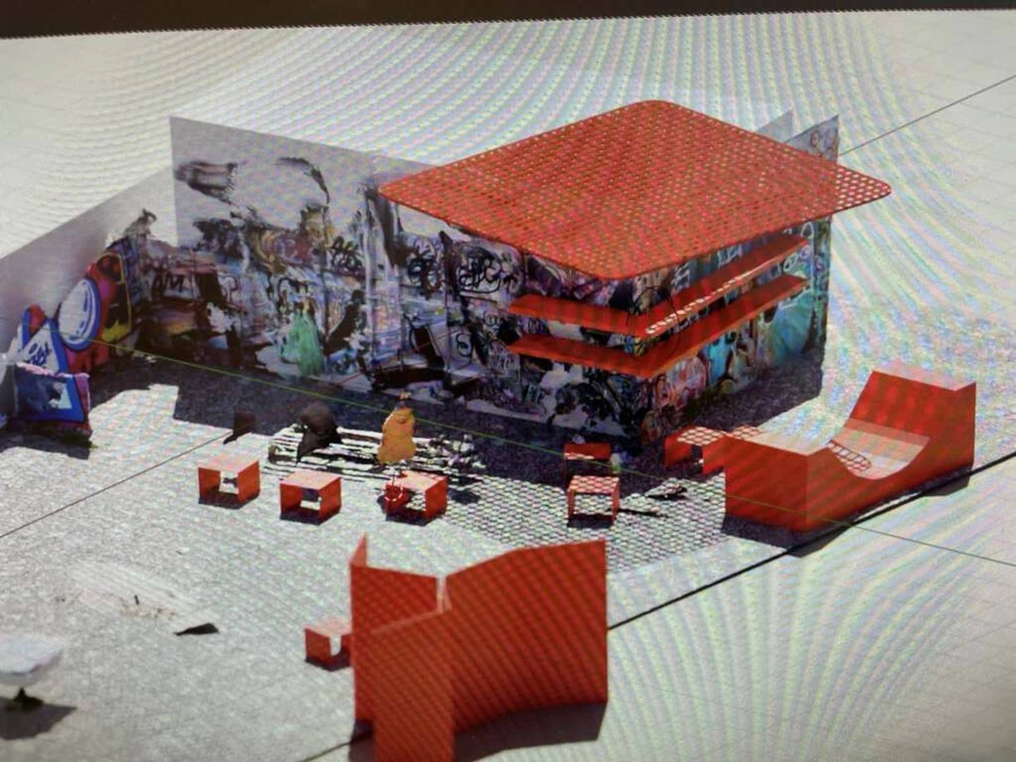DogShitSpot — Rendering der Station mit roten Sitz- und Dachelementen