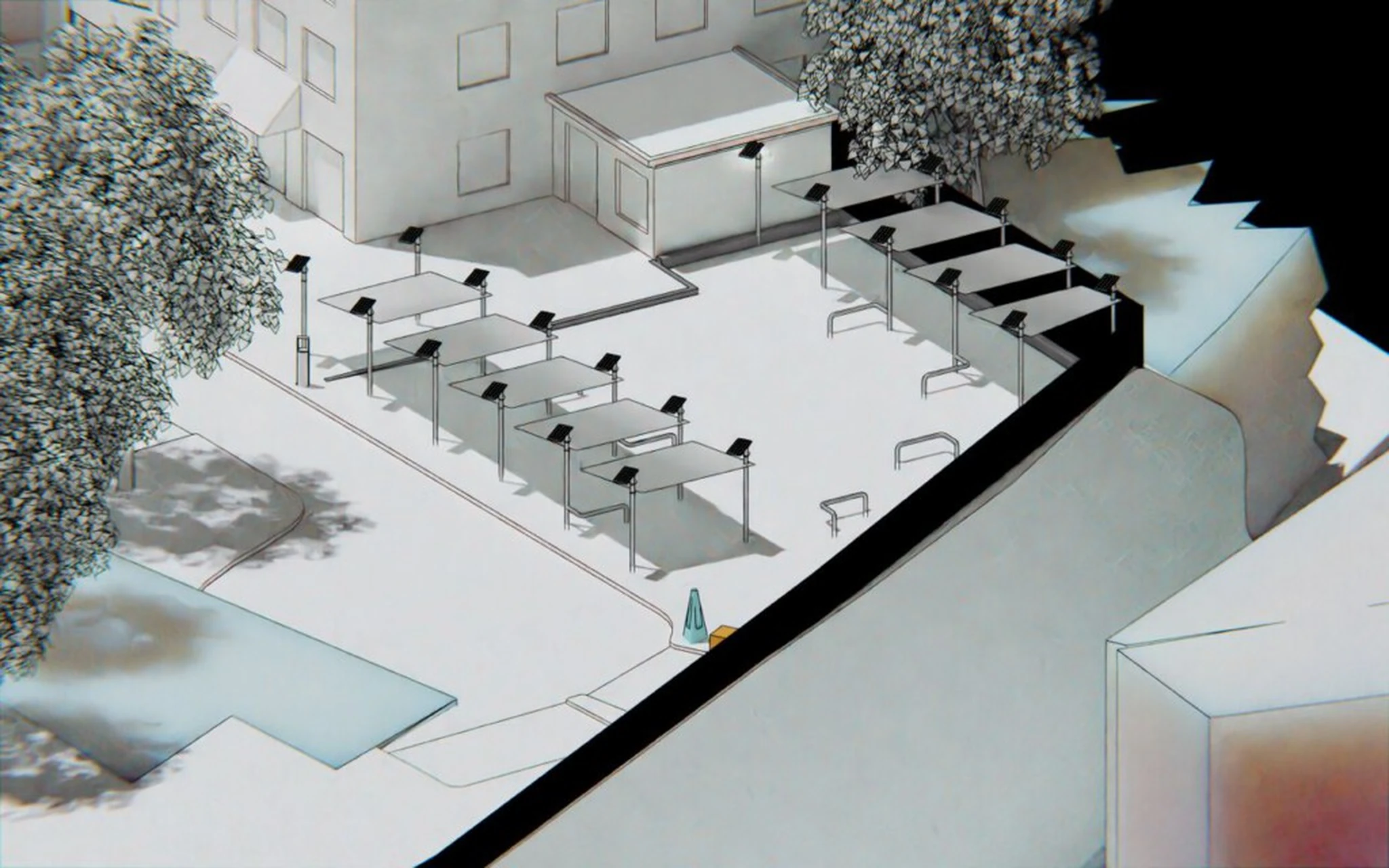 Drob Inn Vorplatz — isometrisches Rendering der Gesamtanlage mit Überdachungen und Bestuhlung
